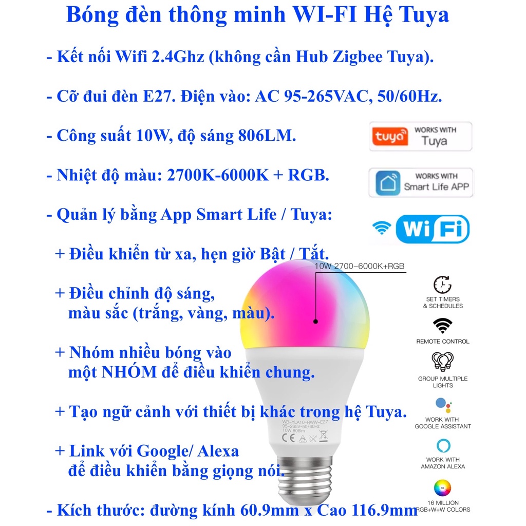 Bóng đèn thông minh, kết nối Wifi, Hệ sinh thái Tuya, App Smart Life / Tuya -