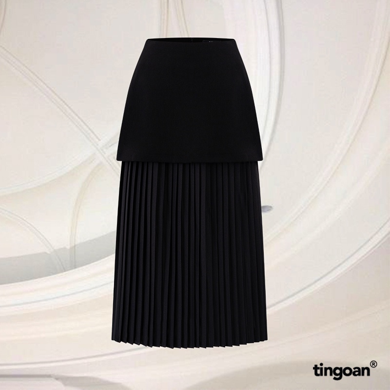 TINGOAN®  - Chân váy dài cạp cao xếp ly mỏng xuyên thấu 2 tầng tingoan SAY MY NAME SWEETIE SKIRT/BL