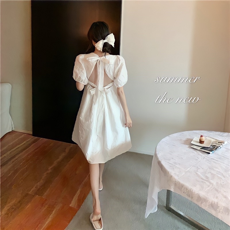 Đầm Nữ Cổ Vuông Váy Babydoll Tay Phồng Váy Thắt Nơ Hở Lưng Có Dây Điều Chỉnh Chất Lụa Gấm Dáng Xoè Form Rộng Đi Chơi