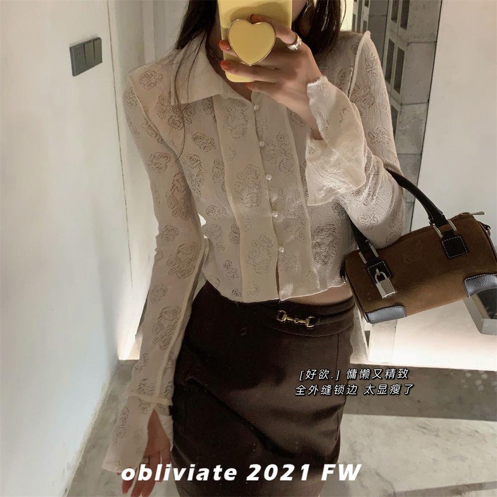 One Forget All Rỗng/&lt;Best Exclusive} Áo Sơ Mi Ren Hoa Hồng polo Dáng Ngắn Khí Chất Retro Cá Tính