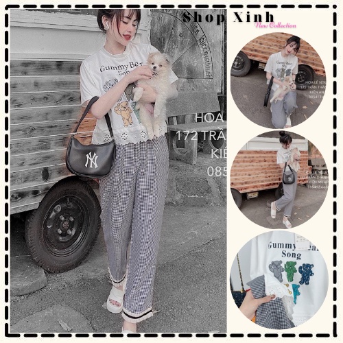 Set áo phông gấu phối ren mix quần suông caro bèo, Set áo phông gấu ngắn tay mix quần kẻ caro phối bèo ống rộng
