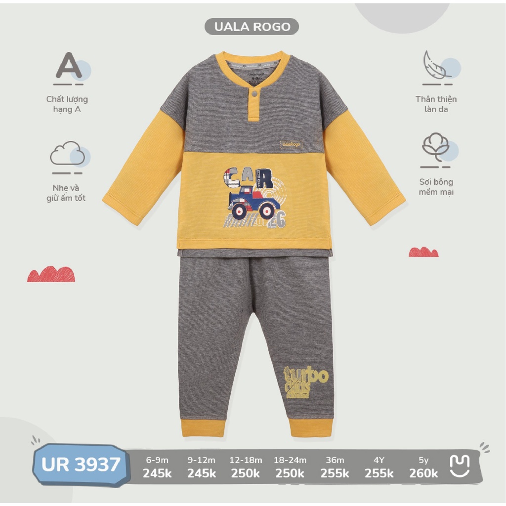 Bộ quần áo thu đông Ualarogo cho bé 6 tháng - 5 tuổi vải cotton cúc cổ bo ống thu đông giữ ấm 3937