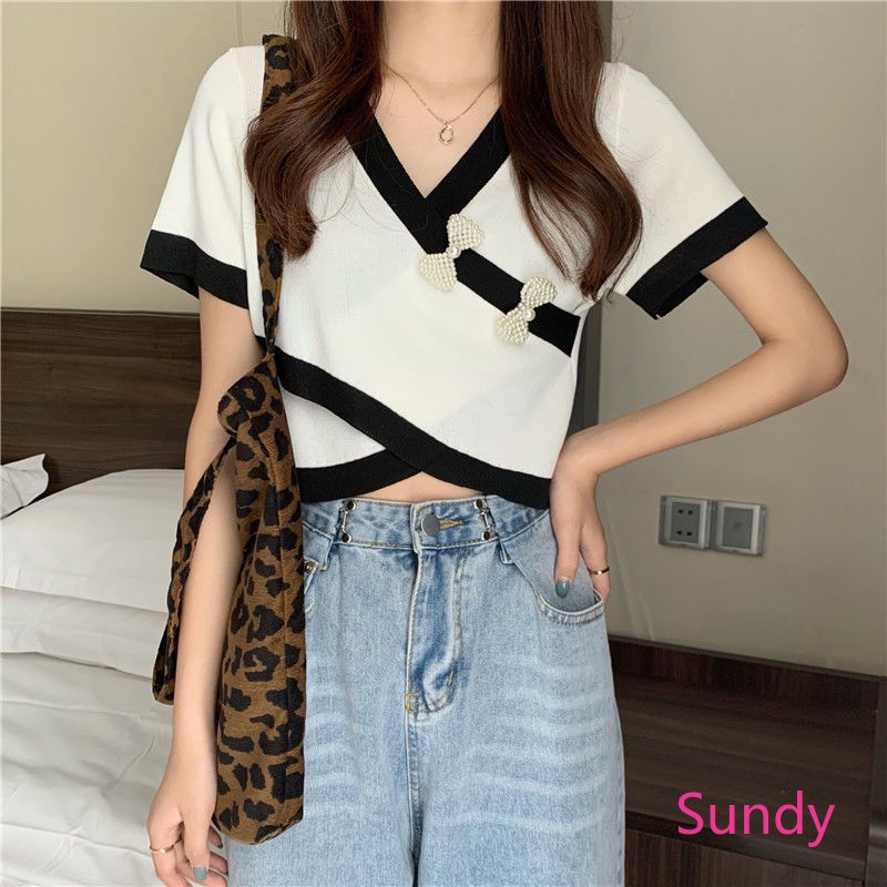 Áo croptop tay ngắn cổ chữ v phối nơ thời trang mùa hè cho nữ
