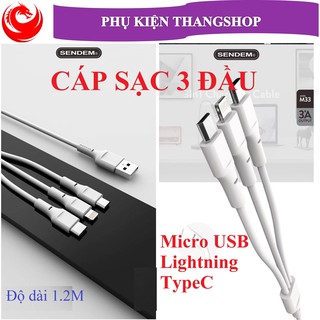 [RẺ VÔ ĐỊCH] Cáp sạc 3 đầu Sendem M33: MicroUSB, Lightning, Typec hỗ trợ sạc nhanh