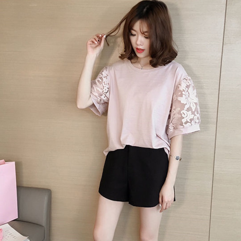 Áo Thun Tay Ngắn Phối Lưới Thời Trang Cho Nữ 164598 Áo Thun Cổ Tròn Dáng Rộng Trẻ Trung Hợp Thời Trang