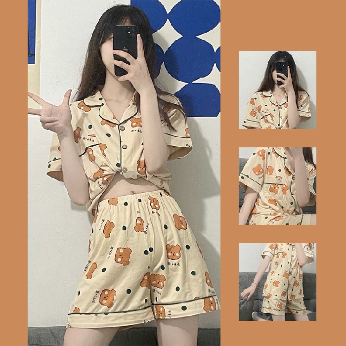 Đồ Ngủ Pyjama Nữ Tay Ngắn Quần Đùi Họa Tiết Gấu Chấm Bi