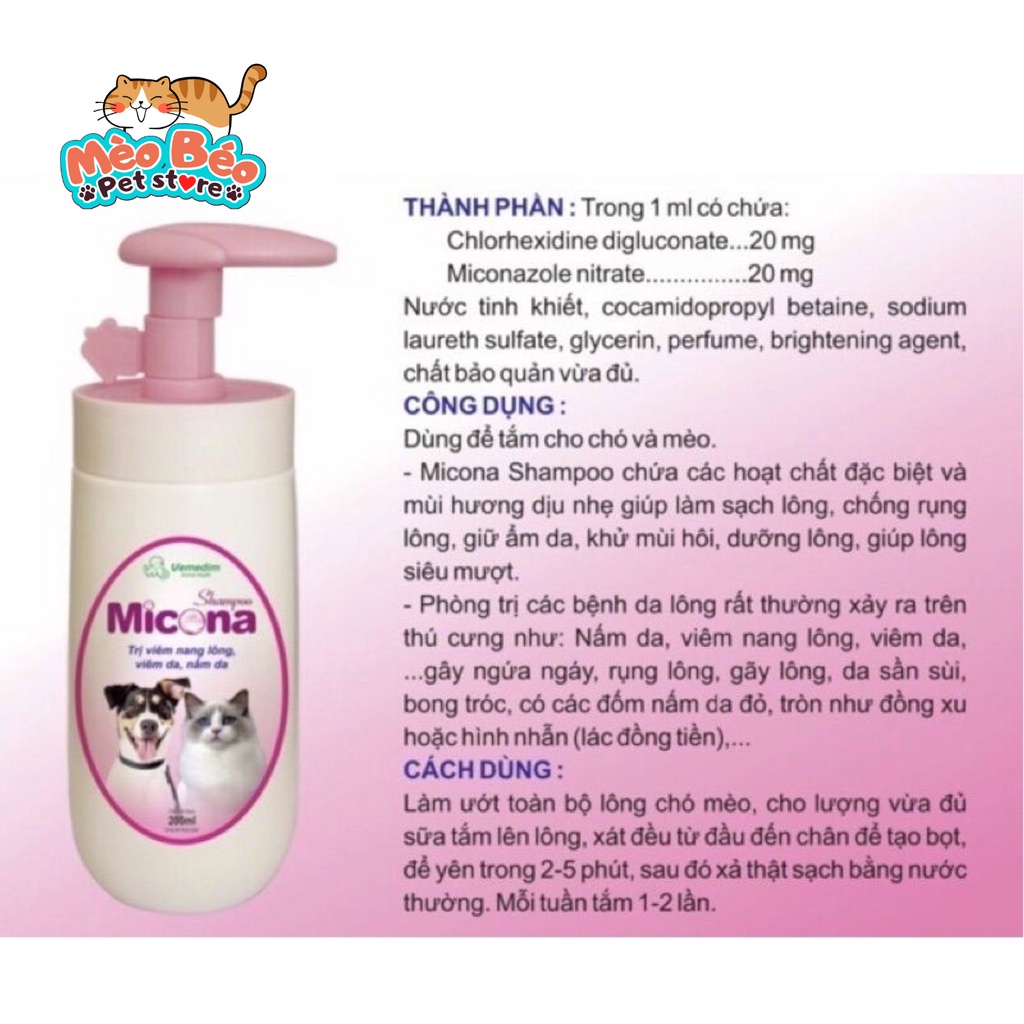 Sữa tắm nấm, viêm da cho mèo Micona Shampoo, sữa tắm nấm cho chó chai 200ml