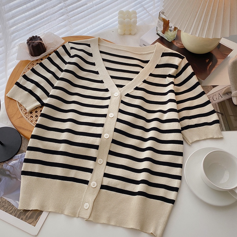 Áo Cardigan Dệt Kim Ngắn Tay Cổ Chữ V Họa Tiết Kẻ Sọc Thời Trang Cho Nữ