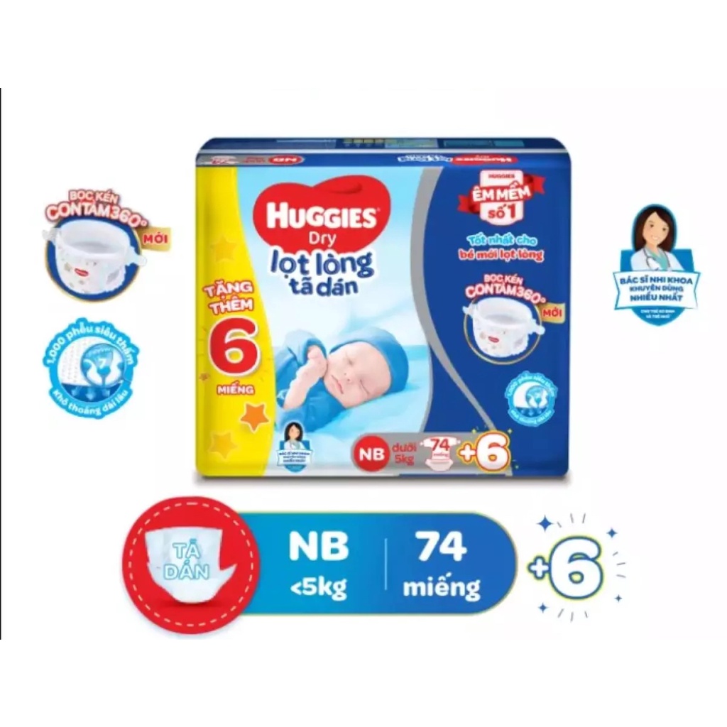 Tã dán sơ sinh Huggies S56+10,Nb74+10,NB100+8 mẫu mới bọc kén con tăm êm mềm