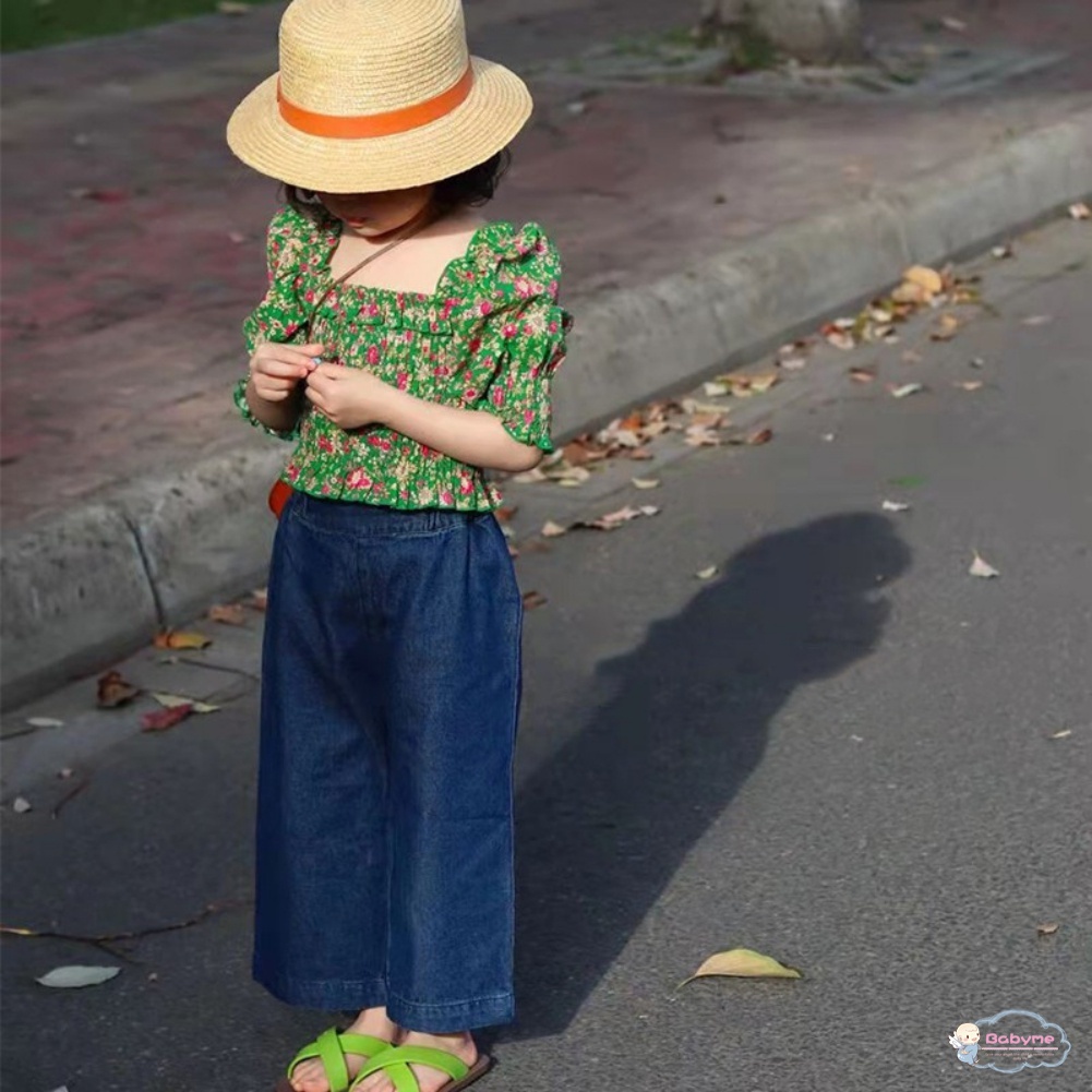 Set Đồ 2 Món Gồm Áo Hoa + Quần Denim Hàn Quốc Dễ Thương Cho Bé Gái