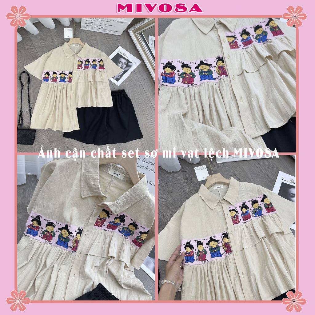 Set áo sơ mi bèo vạt lệch quần đùi nữ đồ bộ nữ ngắn tay hoạt hình MIVOSA HH001