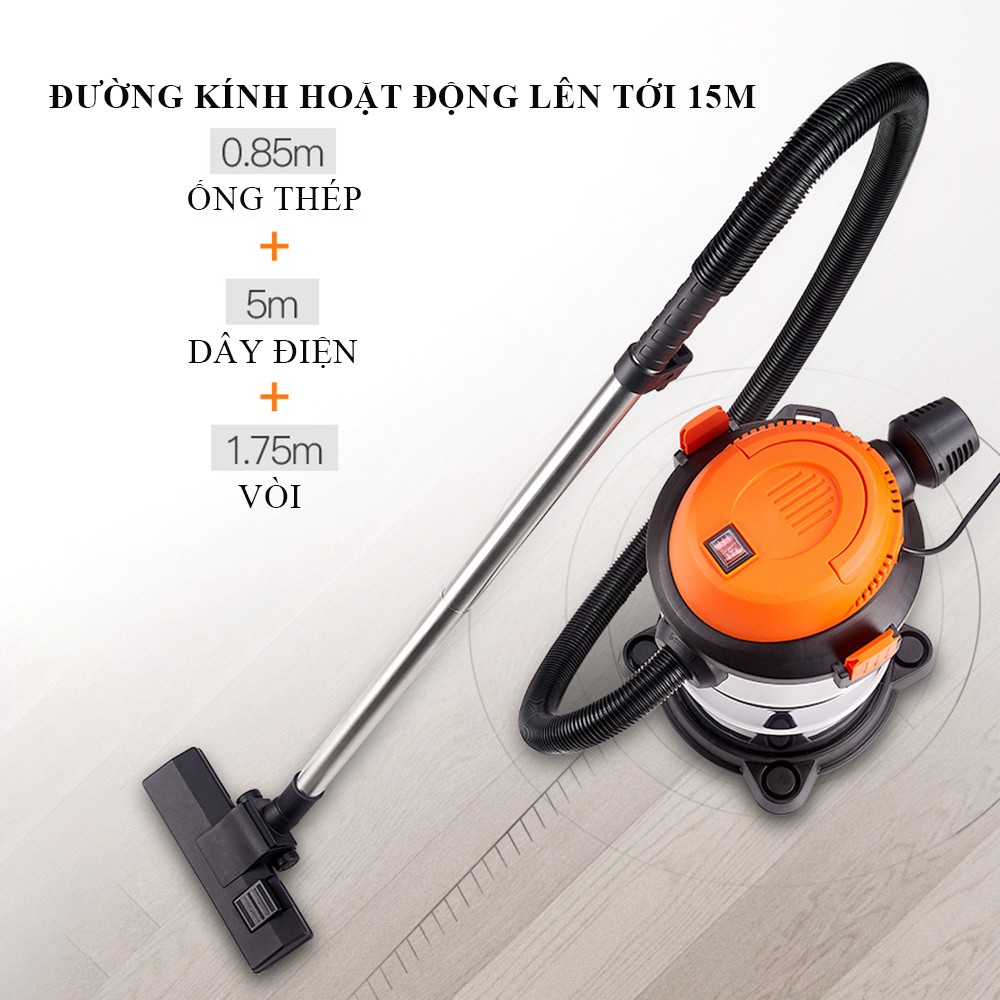 Máy Hút Bụi Công Nghiệp, Gia Đình Công Suất Lớn 1200W, Dung Tích 15L Tích Hợp 3 Chế Độ Khô - Ướt- Thổi, Bảo Hành 2 Năm