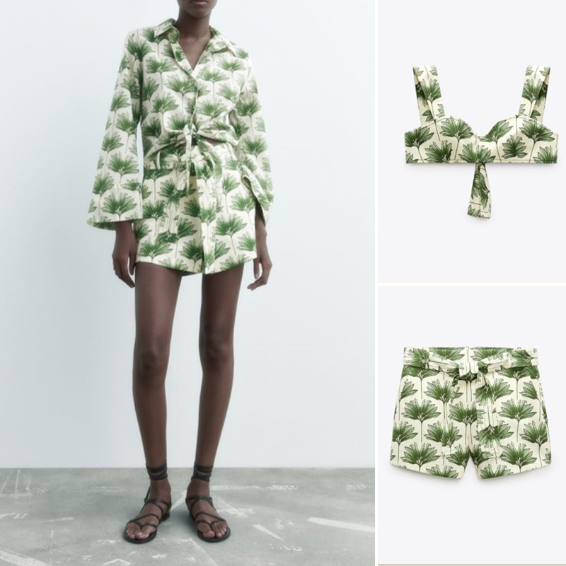 Bộ Áo Sơ Mi Thắt Nút In Họa Tiết 22 Món + Áo Sơ Mi + Quần Short Zara Thời Trang Mùa Hè4043313 8021256 8006256