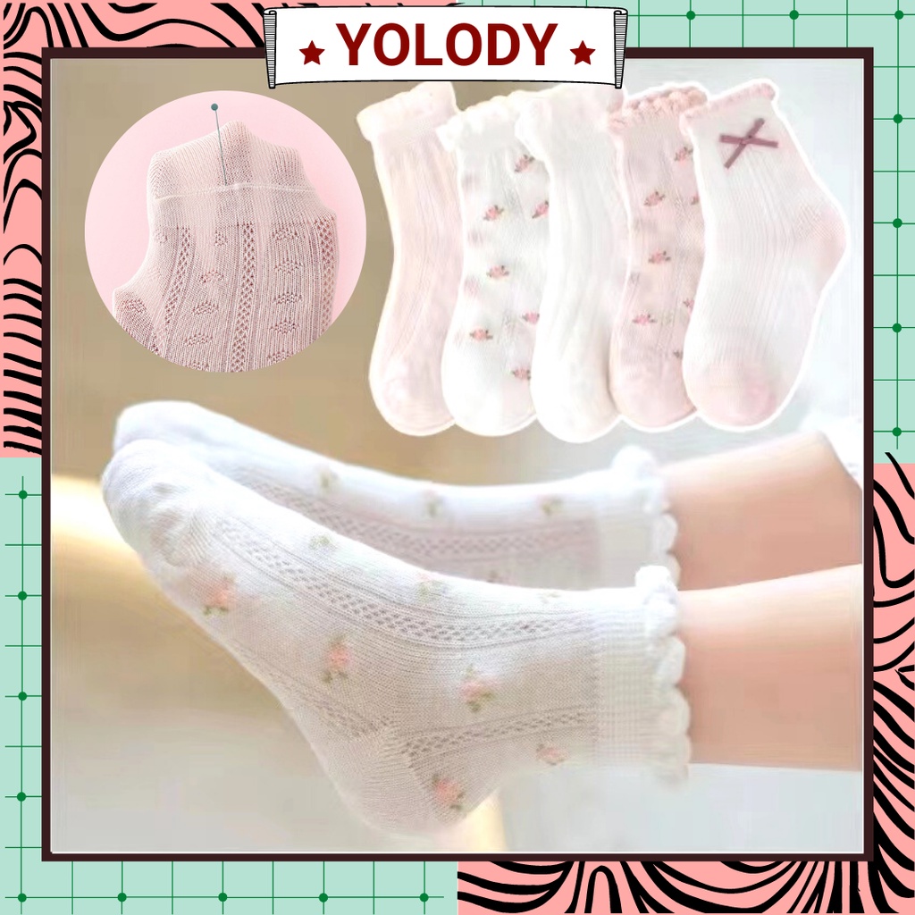 Set 5 đôi tất trắng lưới cổ bèo họa tiết cho bé 1-7 tuổi set tất chống muỗi Yolody phong cách hàn Quốc