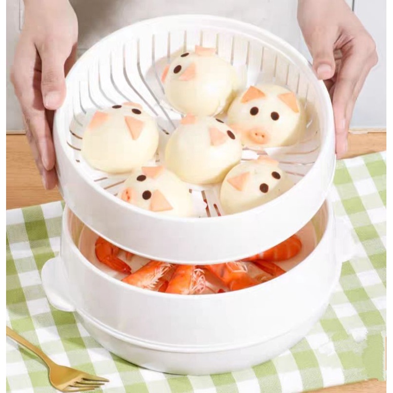 Bộ khay hấp lò vi sóng hấp bánh bao, cơm, xôi thức ăn, trứng, đồ ăn dặm dimsum tròn cao cấp bằng nhựa Việt Nhật