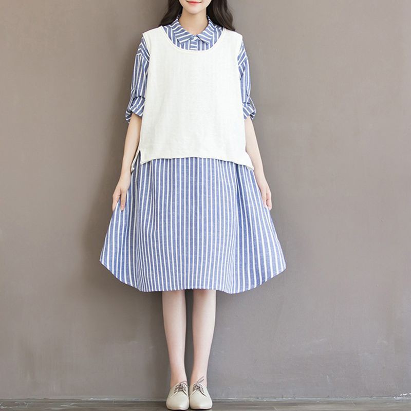 Đầm form rộng chất liệu cotton họa tiết kẻ sọc thanh lịch dành cho nữ