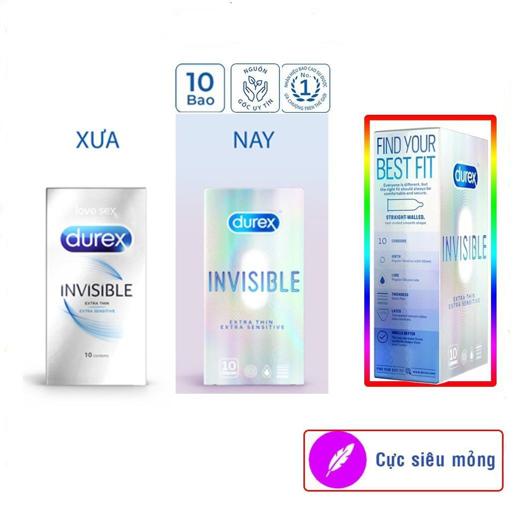 [bcs] Durex Invisible Bao Cao Su Siêu Mỏng Kéo Dài Thời Gian QH hộp 10 Chiếc bcs