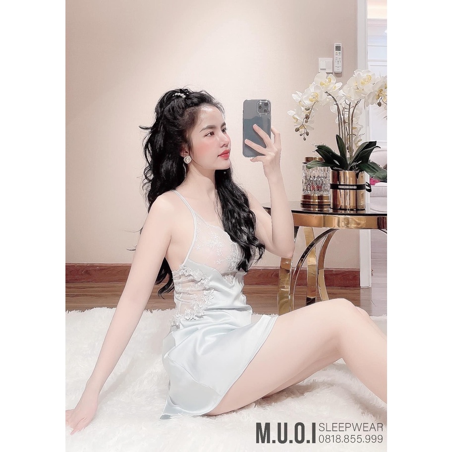 [FREESHIP] Váy ngủ sexy QCCC-Sx88 Váy ngủ lụa phối ren hoa ngực satin QCCC Muối Sleepwear-sẵn