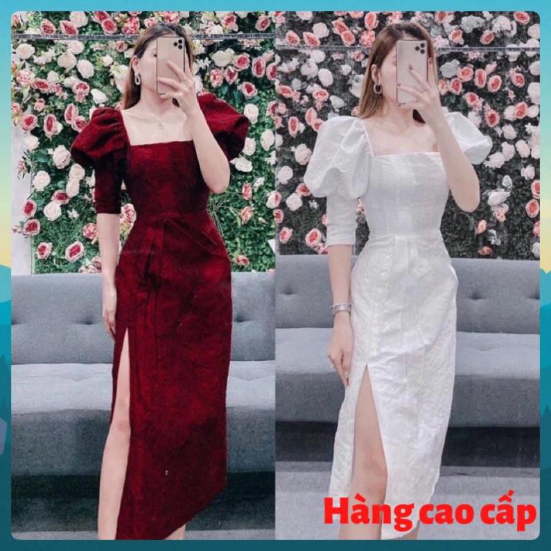(Hàng cao cấp) Đầm gấm body xẻ tà tay dài - Minie dress | BigBuy360 - bigbuy360.vn