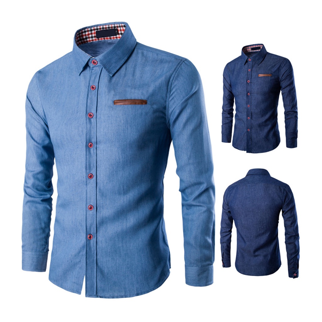 Áo Sơ Mi Jean Ôm Dáng Ghép Vải Một Hàng Nút Màu Trơn Thời Trang Xuân Thu Cho Nam Văn Phòng