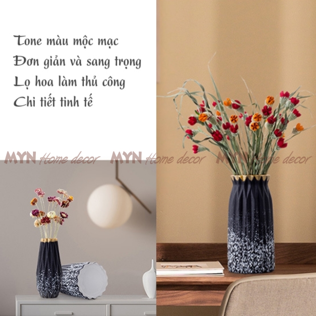 Lọ hoa gốm vân đá men mờ trang trí nhà đen mạ vàng MYN Home Decor