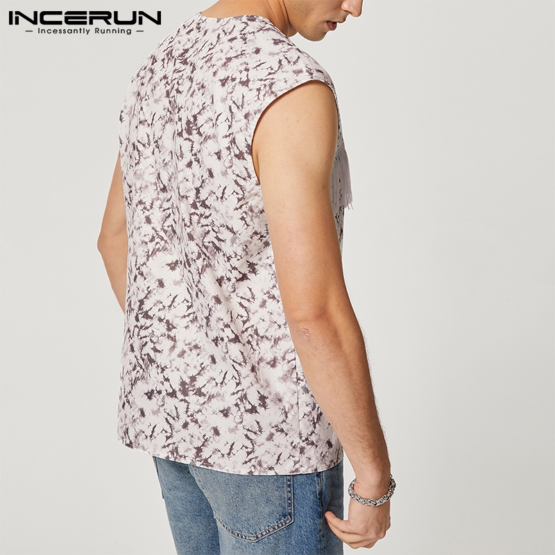 INCERUN Áo Ba Lỗ Khóa Kéo In Hoa Phối Tua Rua Phong Cách Vintage Cho Nam