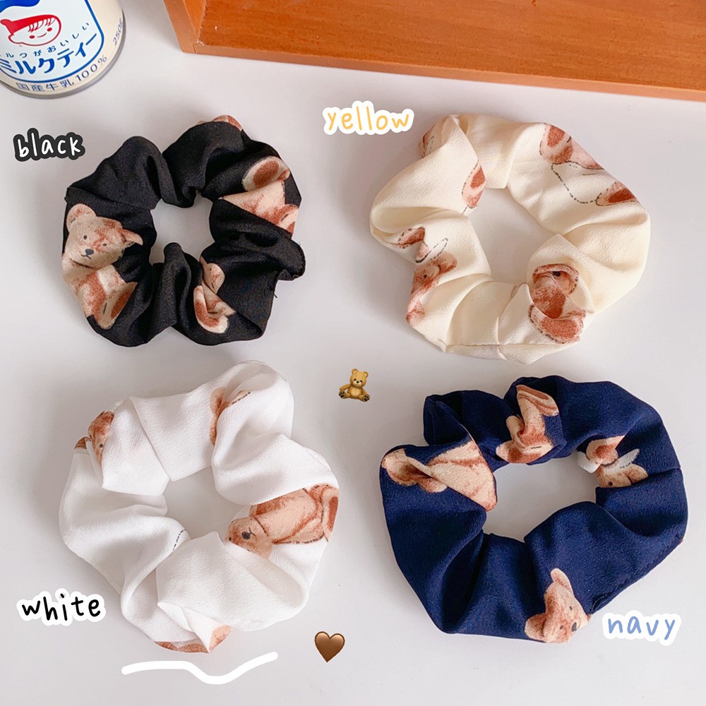 Dây cột tóc vải Scrunchies Hàn Quốc họa tiết gấu xinh xắn cho nữ
