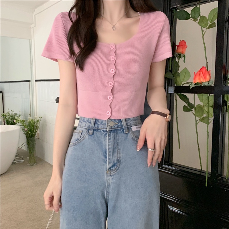 Áo Cardigan Dệt Kim Ngắn Tay Cổ Vuông Màu Sắc Ngọt Ngào Cho Nữ OOP13