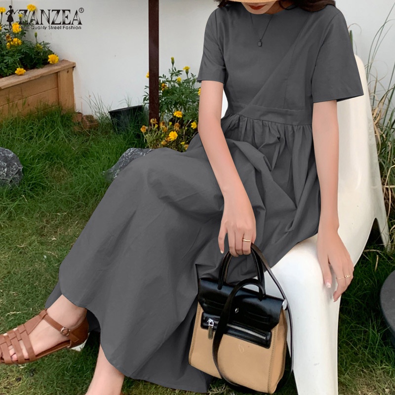 Đầm maxi ZANZEA ngắn tay có khóa kéo sau lưng thời trang cho nữ