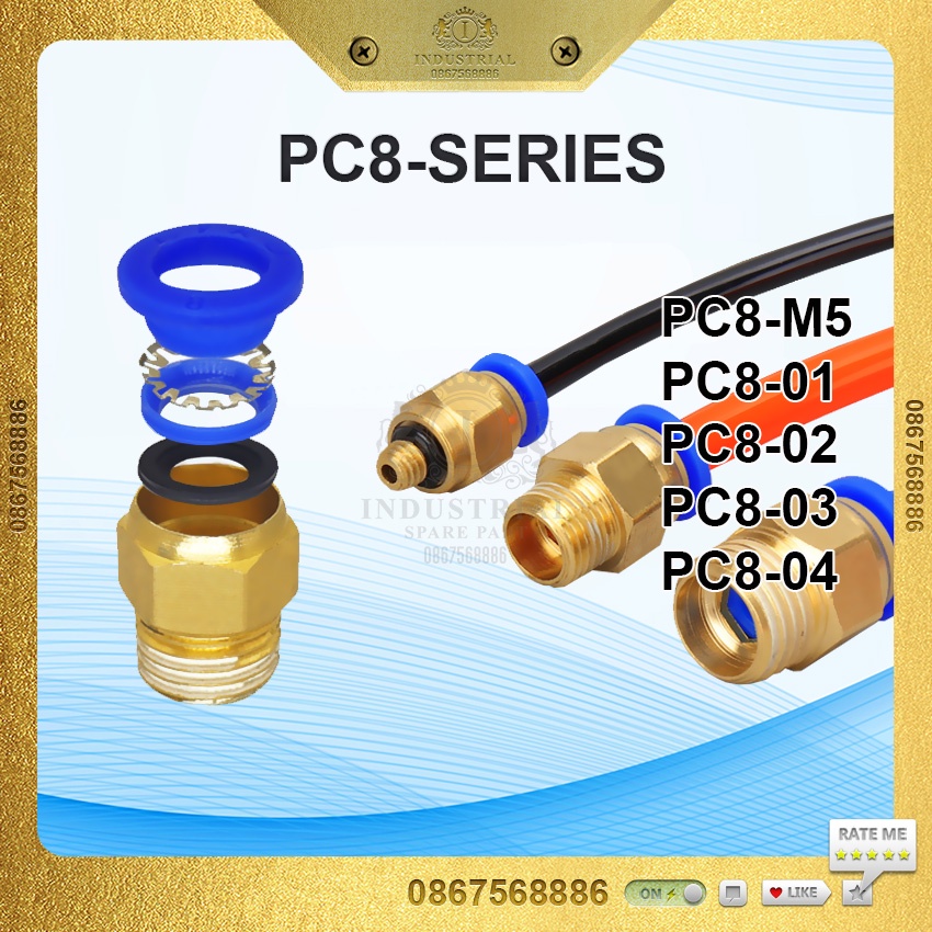 Đầu nối nhanh khí nén PC8 Series. Ống 8 mm, đủ các loại ren cho cút nối hơi và đầu nối hơi máy nén, xy lanh