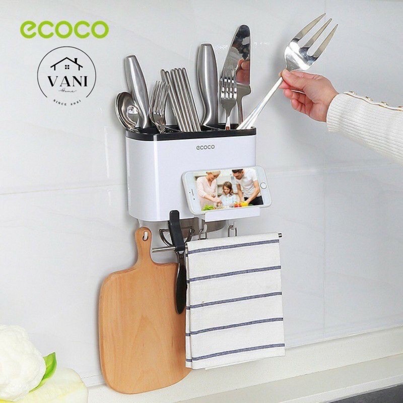 Hộp đựng đũa muỗng treo tường Ecoco có giá để điện thoại - Kệ treo tường đựng đũa muỗng năng