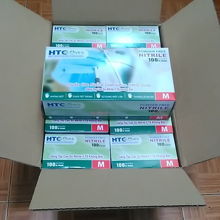 Thùng 10 hộp Găng Tay ( bao tay ) Cao Su Y Tế Không Bôt  HTC Glove hộp 100 cái màu xanh
