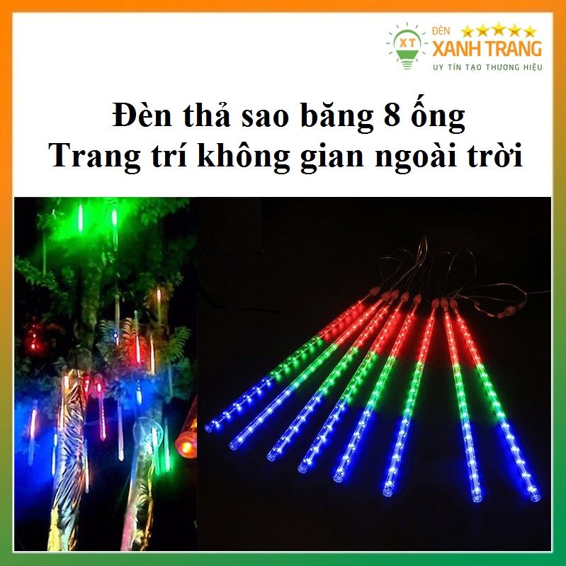 Đèn Thả 8 Ống Hiệu Ứng Sao Băng Rơi Nhiều Màu, Vàng Dài 3m rủ ống 50cm Trang Trí Cây Ngoài Trời