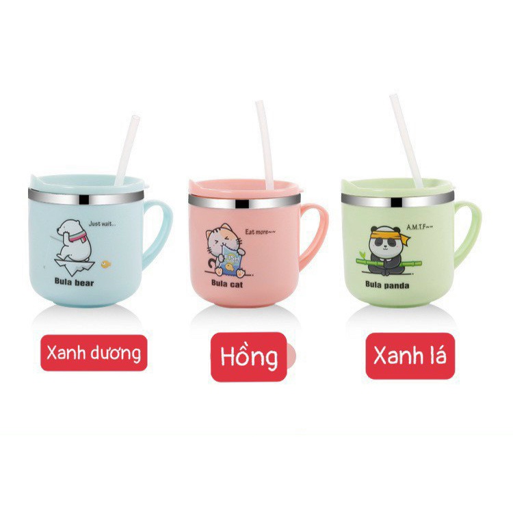 Cốc giữ nhiệt inox 2 lớp kèm nắp đậy là ống hút cho bé