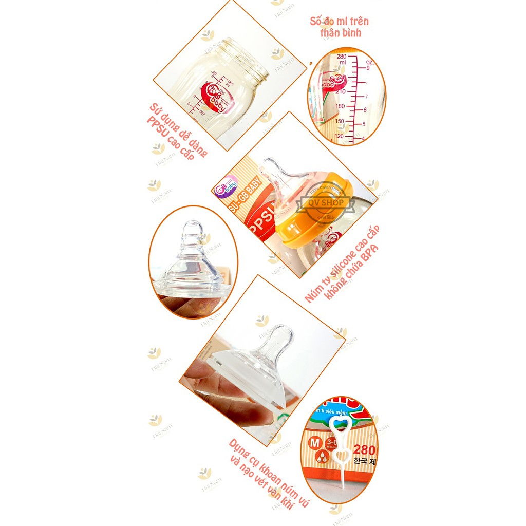 Bình sữa nhựa PPSU GB-Baby 280ml Hàn Quốc - Tặng 1 núm ti siêu mềm