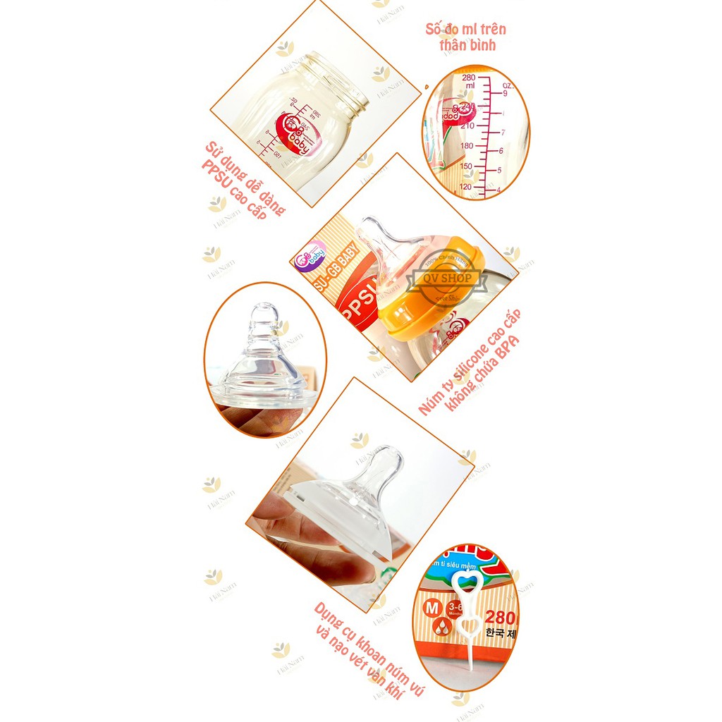 Bình sữa nhựa PPSU GB-Baby 280ml Hàn Quốc - Tặng 1 núm ti siêu mềm