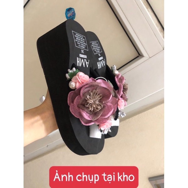 Dép Tông Nữ Xỏ Ngón Đế Cao 6cm Quai Đính Hoa| Dép Đế Xuồng Đi Biển