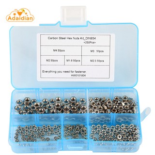 Bộ 250 đai ốc lục giác bằng thép carbon M1.6 M2 M2.5 M3 M4