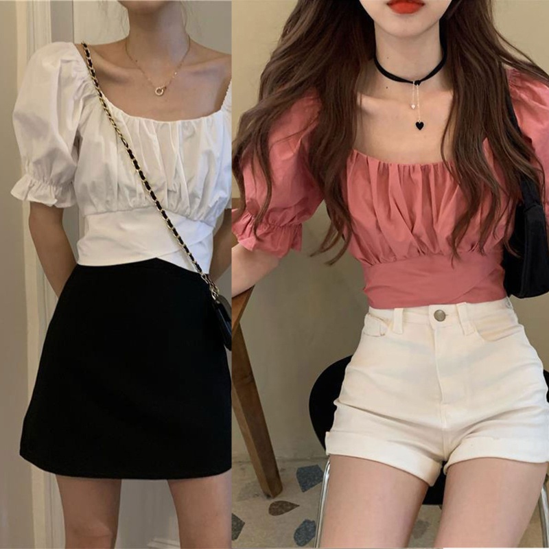 Áo Croptop Tay Phồng Cổ Chữ U Hở Lưng Màu Trơn Thời Trang Quyến Rũ Cho Nữ