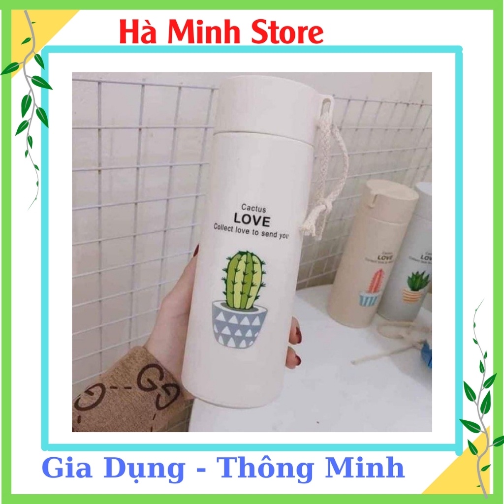 Bình Giữ Nhiệt Lúa Mạch 450ml Họa Tiết Xương Rồng, Lõi Thủy Tinh Bọc Nhữa, Giữ Nhiệt Lên Đến 5 Giờ - Gia Dụng Hà Minh