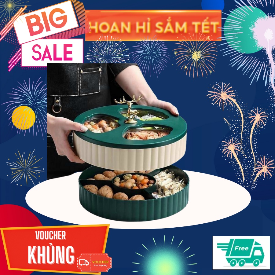 khay mứt tết - khay đựng bánh kẹo hươu vàng 2 tầng