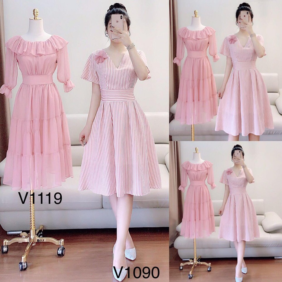 Đầm Nữ Xòe Sọc Cổ V Cài Hoa Thanh Lịch Thời Trang Bonucci V1090 | BigBuy360 - bigbuy360.vn