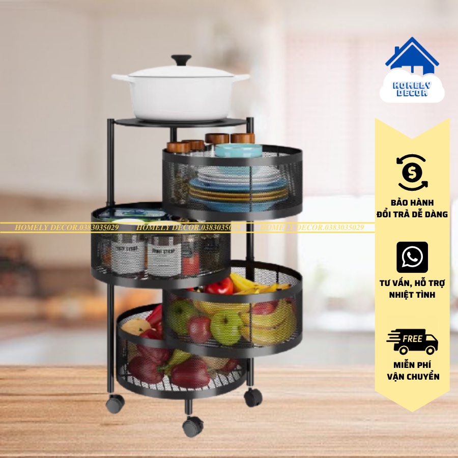 FREESHIP 🆓 Kệ Tròn Xoay Đa Năng - Kệ Để Đồ 4 Tầng Có Bánh Xe Di Chuyển Thép Cacbon Mạ Sơn Tĩnh Điện