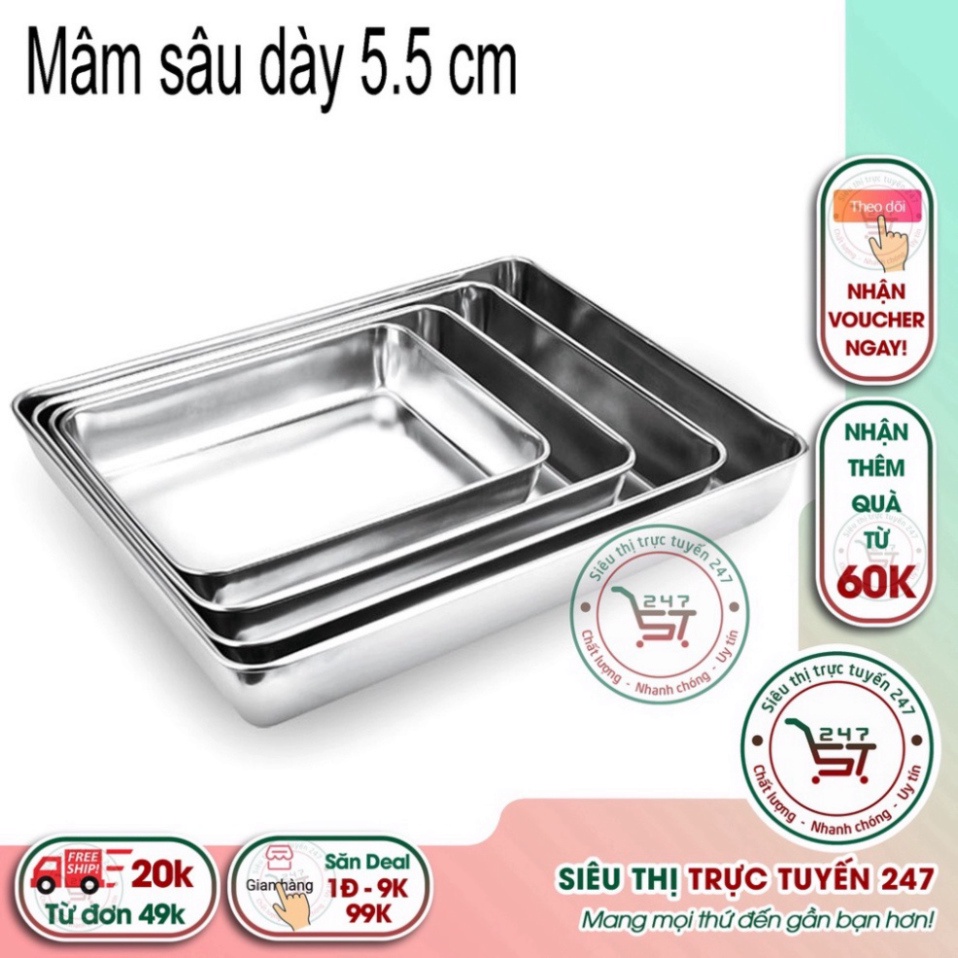 Khay inox 304 sâu lòng dày dặn đựng đồ ăn nhiều kích thước tiện dụng. Mâm chữ nhật inox thép không gỉ
