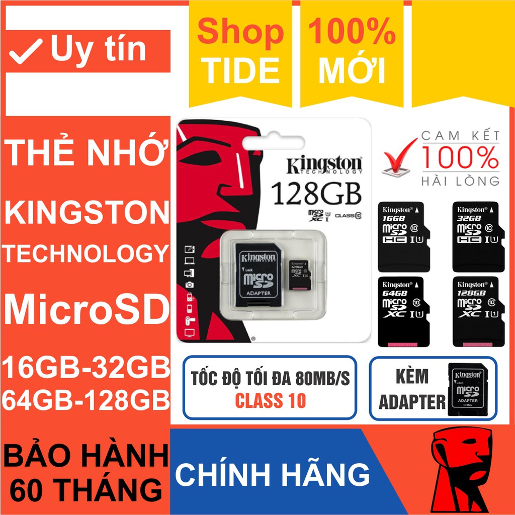  Thẻ nhớ MicroSD  Kingston 128GB/64GB/32GB/16GB - MicroSD Class10 – Bảo hành 5 năm – CHÍNH HÃNG – Kèm Adapter 