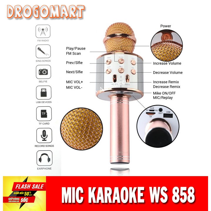 ( FREESHIP 99K ) Mic karaoke kèm loa bluetooth WS 858 Bảo Hành 6 tháng