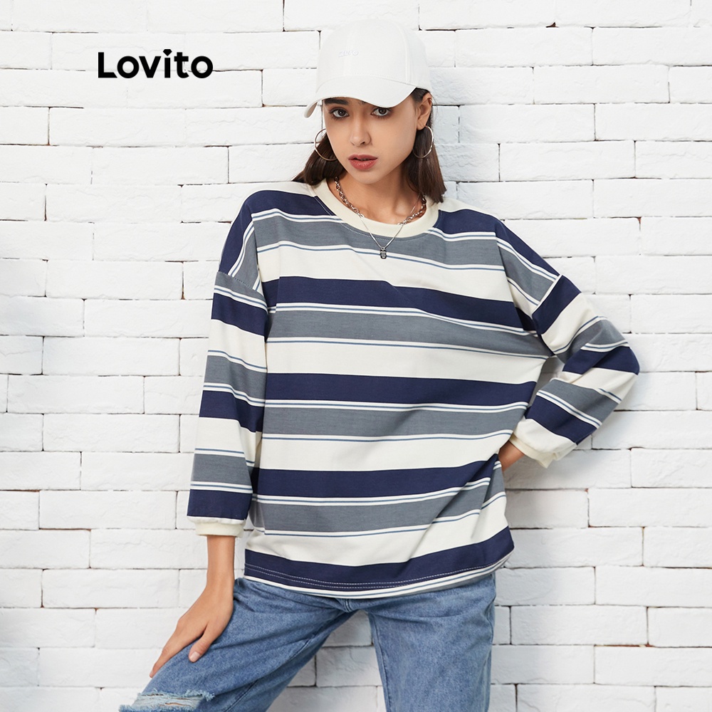 Áo nỉ Lovito L07016 cổ tròn họa tiết sọc thời trang cơ bản thông thường (Màu xanh lam)