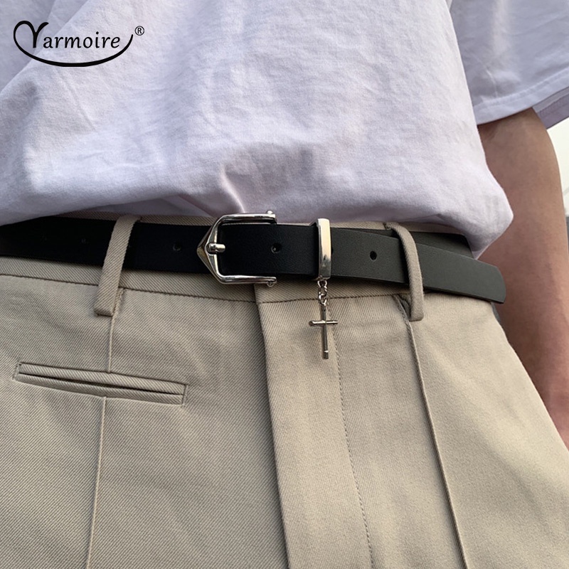 Thắt Lưng Da PU Màu Đen Phối Khóa Kim Loại Hình Thánh Giá Phong Cách Hip Hop Thời Trang Cho Nam Và Nữ