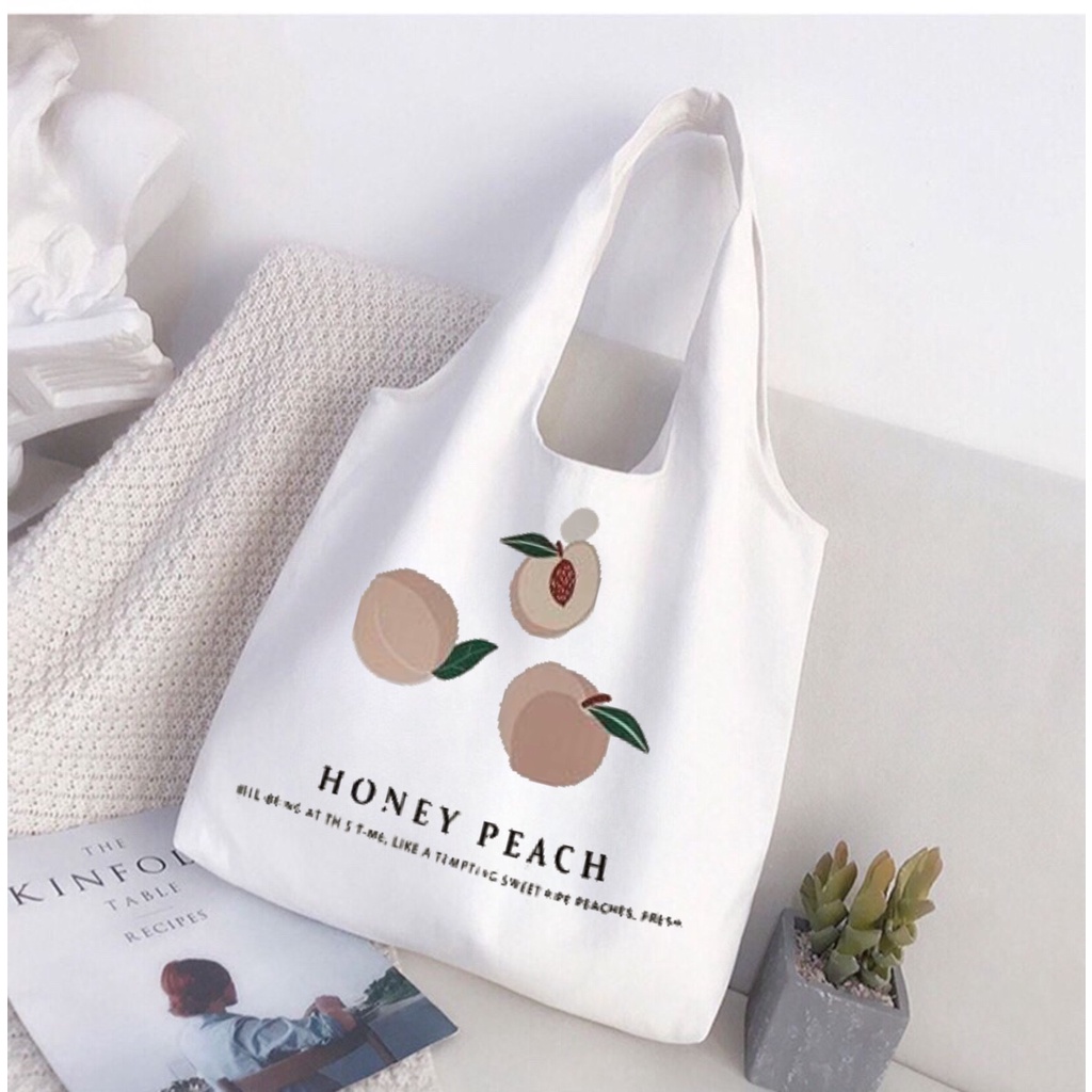 Túi tote Hazin túi vải canvas nữ hoạ tiết quả đào đựng vừa laptop cỡ lớn đeo vai phong cách ulzzang