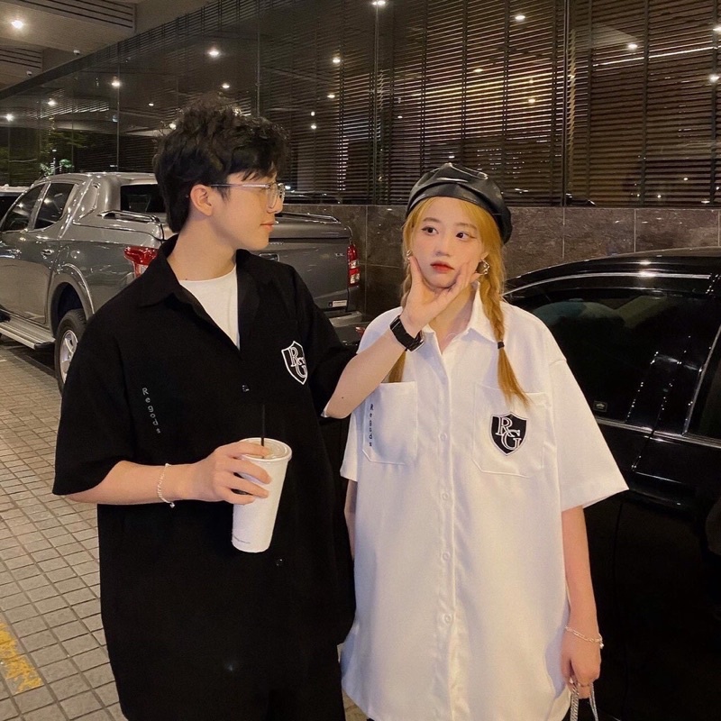 Áo sơ mi unisex nam nữ trắng đen RG tay lỡ form rộng kiểu dáng basic cá tính, áo sơ mi nam nữ mùa hè